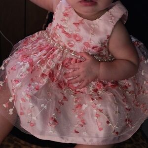 Pink Girls Embroidered Dress American Princess Pearls Lace Embroidery